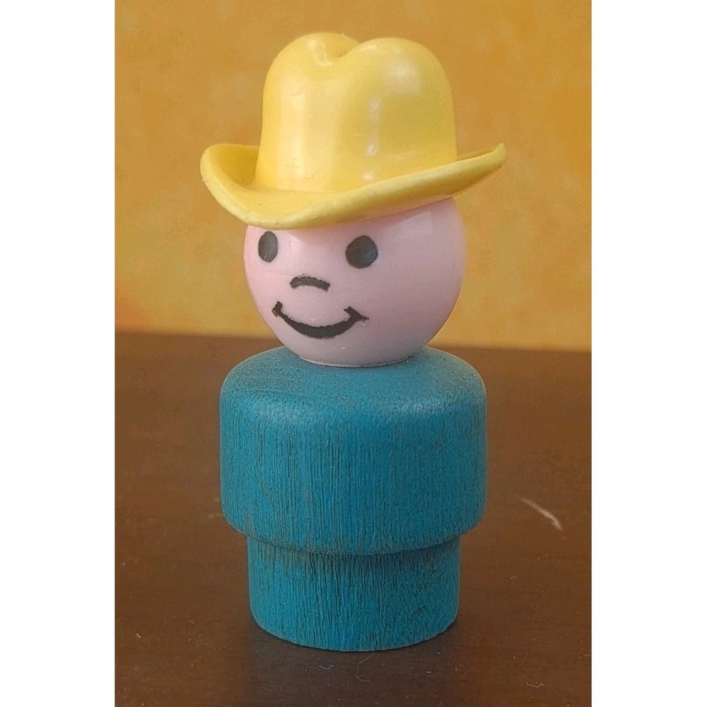 Fisher Price Little People 1972 Farmer Boy Blue Wood Body Yellow Cowboy Hat